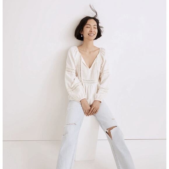 Madewell Peasant Top XS Ivory Linen-Blend Pintuck Boho Bubble Sleeves Babydoll - Picture 3 of 15